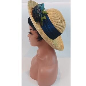 Toucan Womens Woven Straw Hat Navy Satin Bow Faux Flowers New York Los Angeles